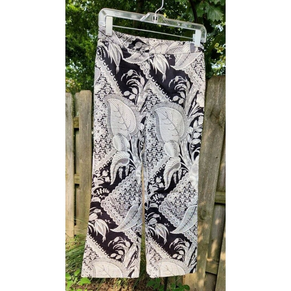 Trina Turk Womens Size 2 Pants Cotton Botanical Print Black White Dressy Slacks